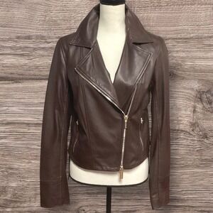MARCIANO for Guess Women's Brown Lamb Leather Fringe Moto Jacket in Medium